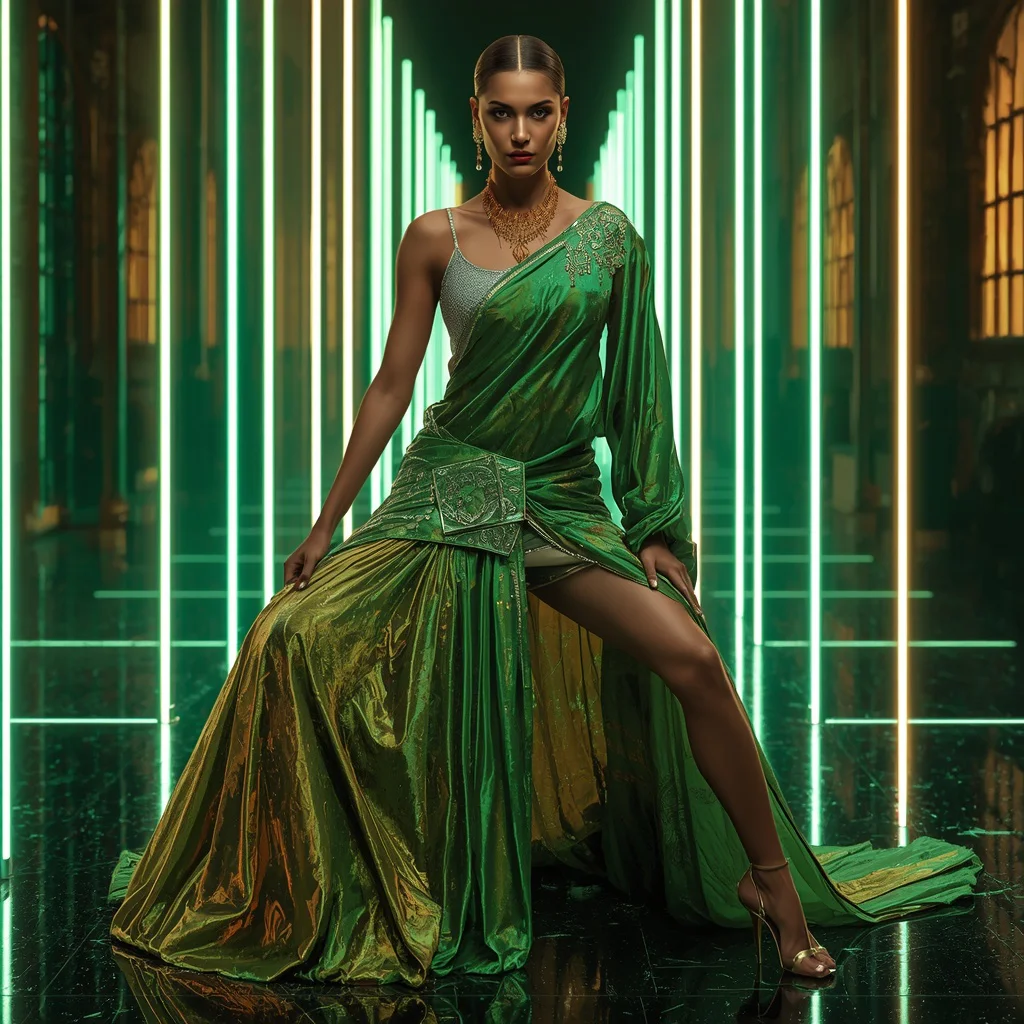 Aurora Emerald Mirage Saree with Floating Prism Infinity Corridors | cute prompt for girls in saree for instagram — AI image prompt