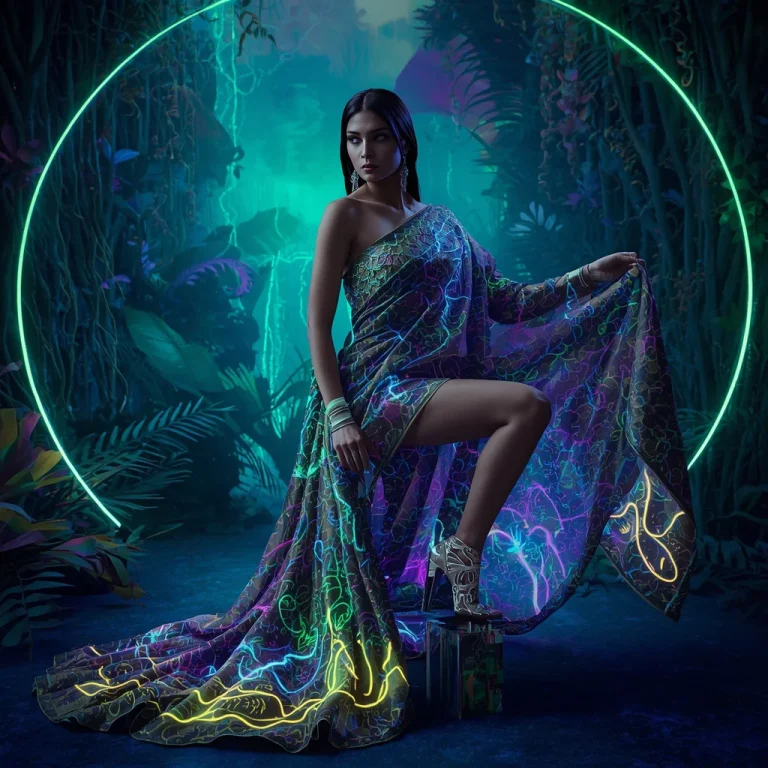 Aurora Serpent Silk Neon Infinity Saree with Bio Jungle Universe Dimension Realm | ai new prompt free download — AI image prompt
