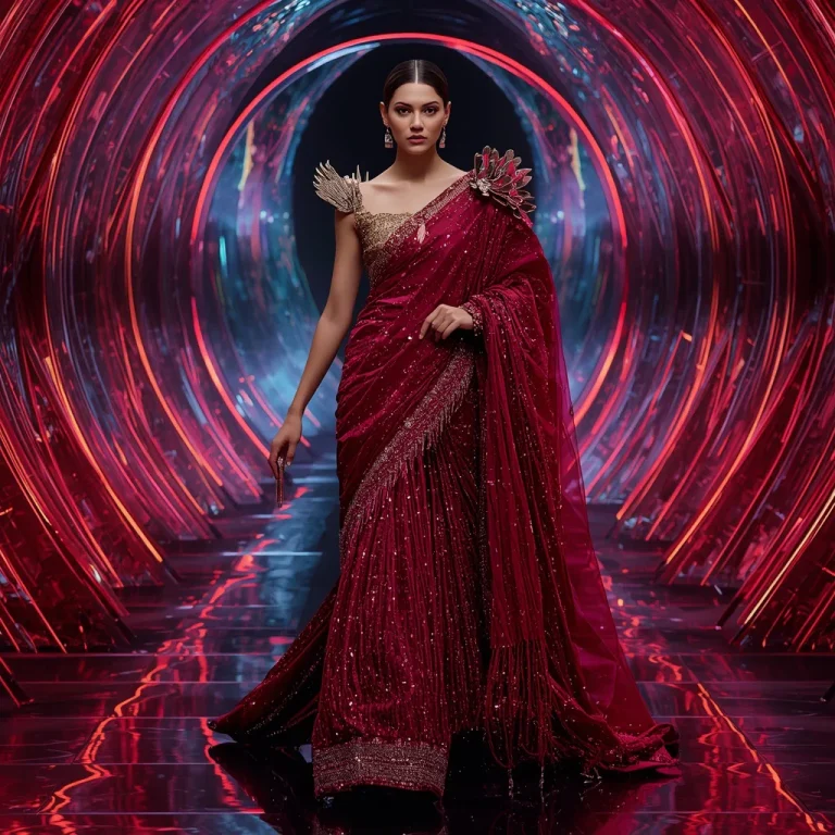 Crimson Aurora Empress Saree with Floating Neon Infinity Portals | traditional saree prompt for girl instagram — AI image prompt