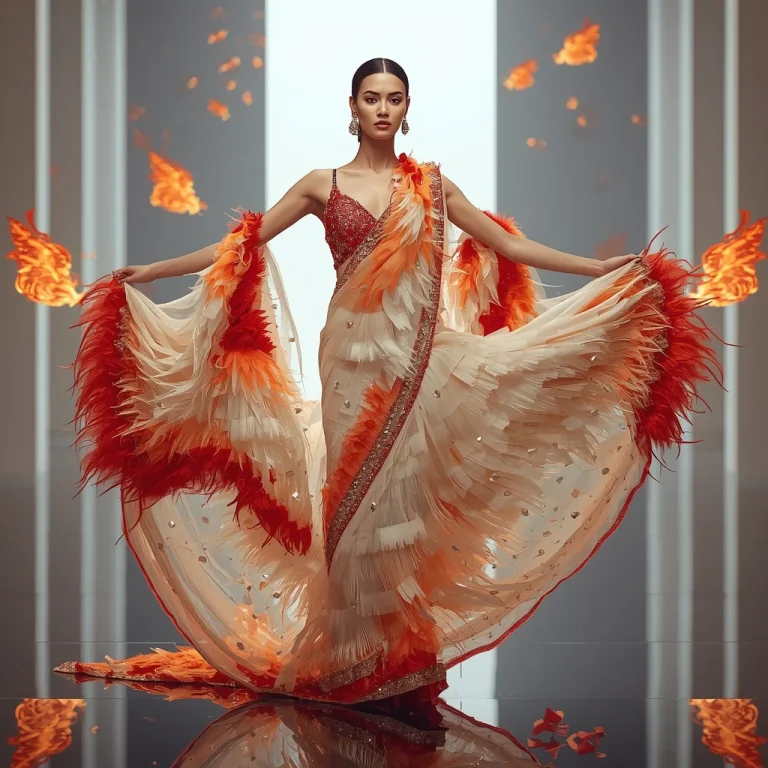 Crystal Swan Flame Saree with Floating Ember Wings | prompt for traditional look for girl chatgpt instagram — AI image prompt