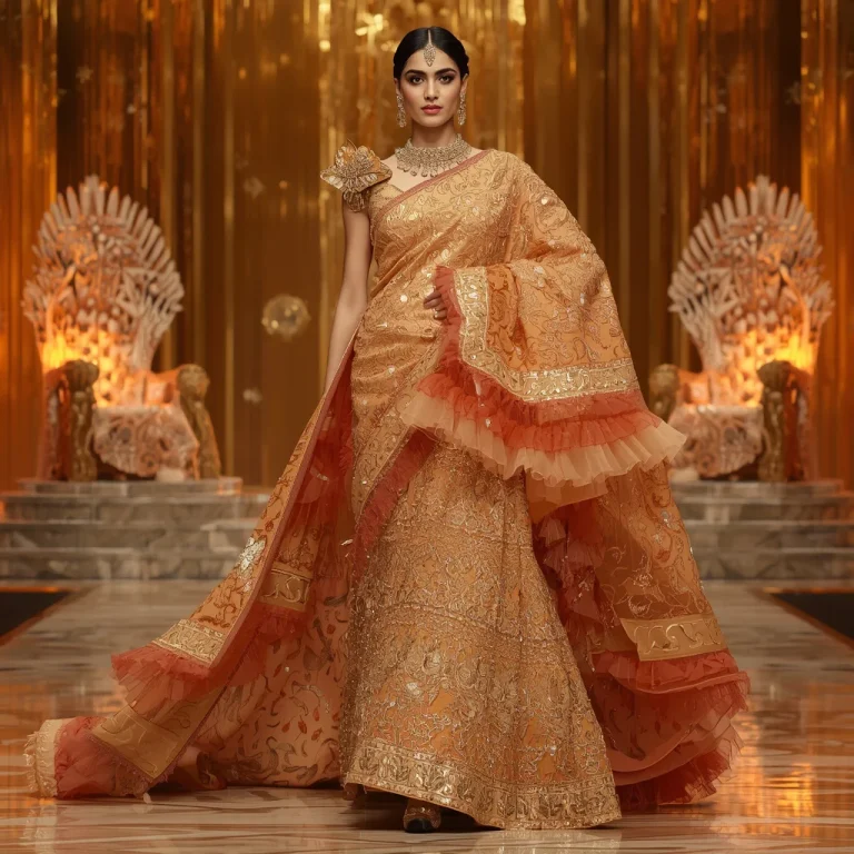 Ember Flame Royal Saree with Crystal Fire Thrones and Aurora Gold Corridor | gemini prompt trending — AI image prompt