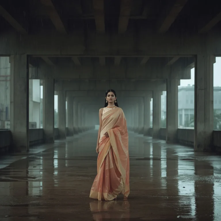 Festive Pastel Saree Industrial Rain Roof Structure Moody Concrete Fashion Editorial Scene | prompt for girls trending — AI image prompt
