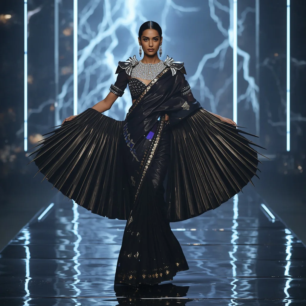 Futuristic Blade Dragon Saree Look with Sci-Fi Thunder Kingdom Background | traditional saree prompt for wedding — AI image prompt