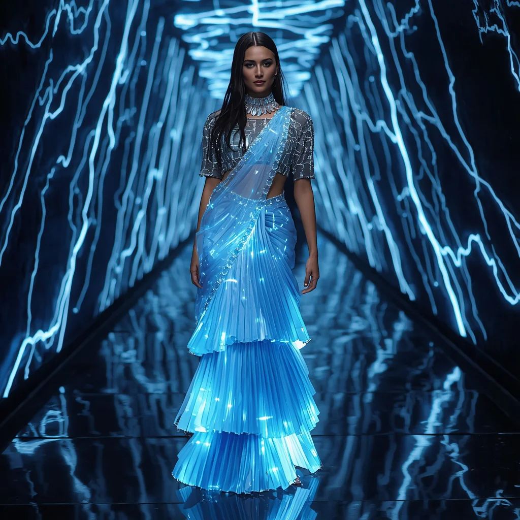 Futuristic Digital Thunder Saree Look with Infinity Electric Hall Background | new viral prompt — AI image prompt