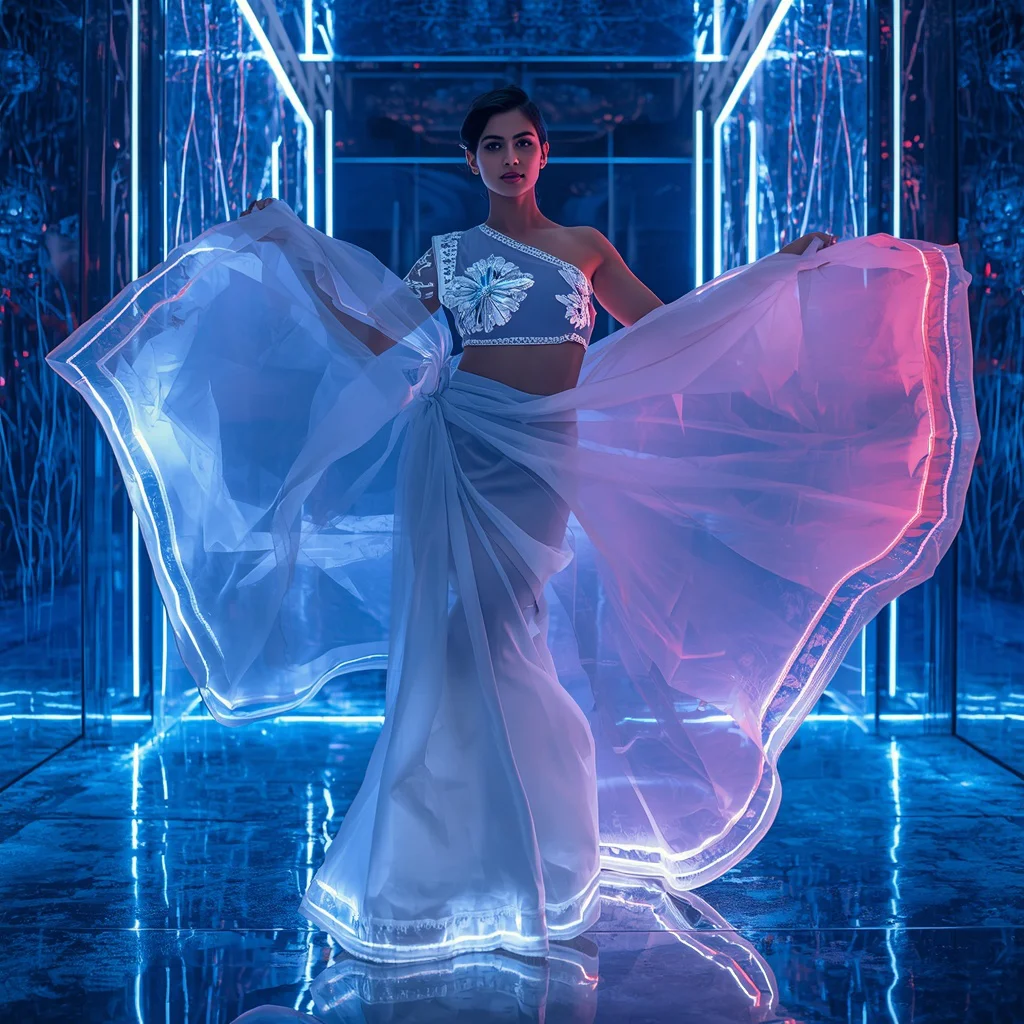 Futuristic Neon Ice Saree Fashion Pose with Cyber Snow Arena Background | prompt for gemini ai girl modern saree instagram — AI image prompt
