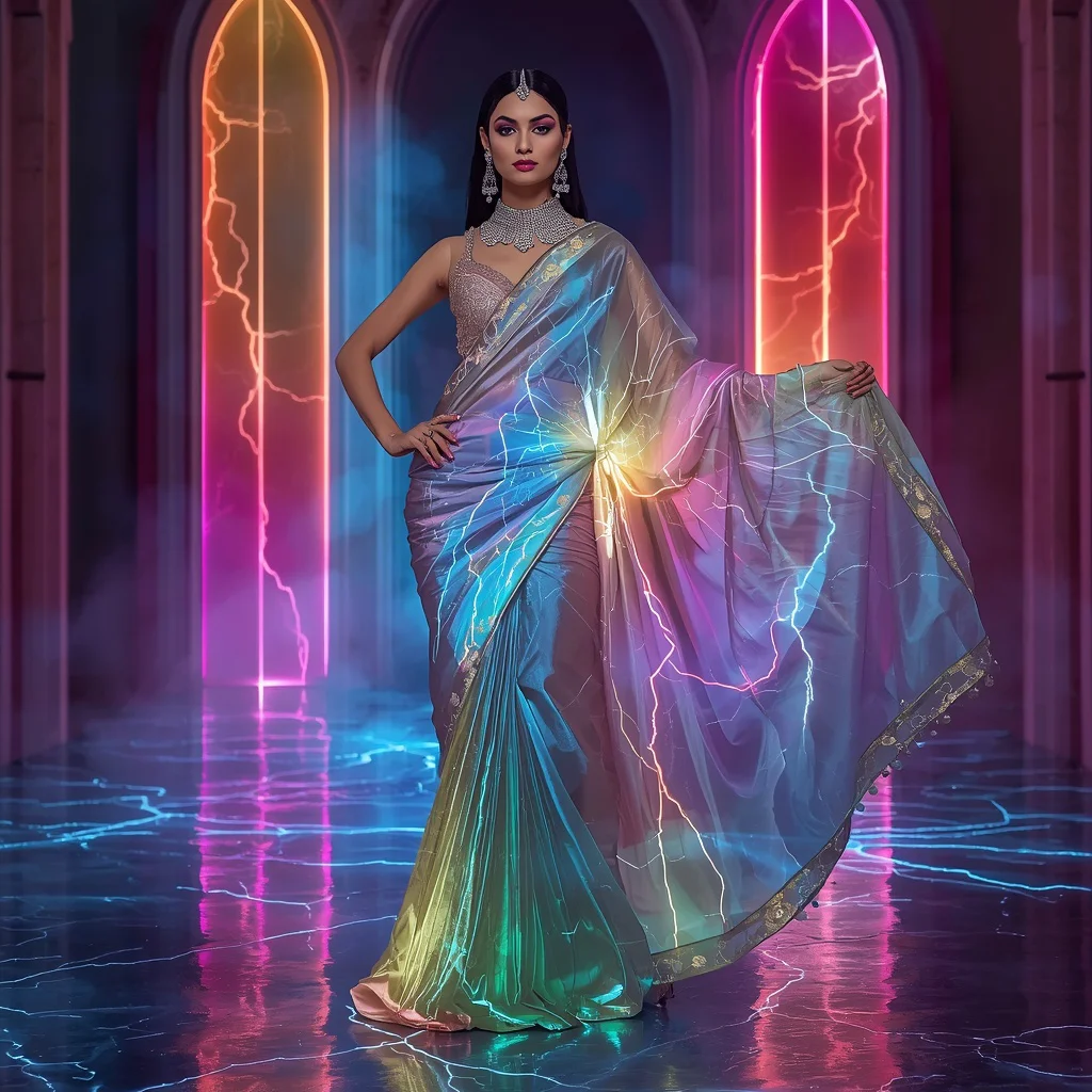 Futuristic Prism Lightning Saree Pose with Multicolor Electric Fortress Background | prompt for saree for wedding — AI image prompt