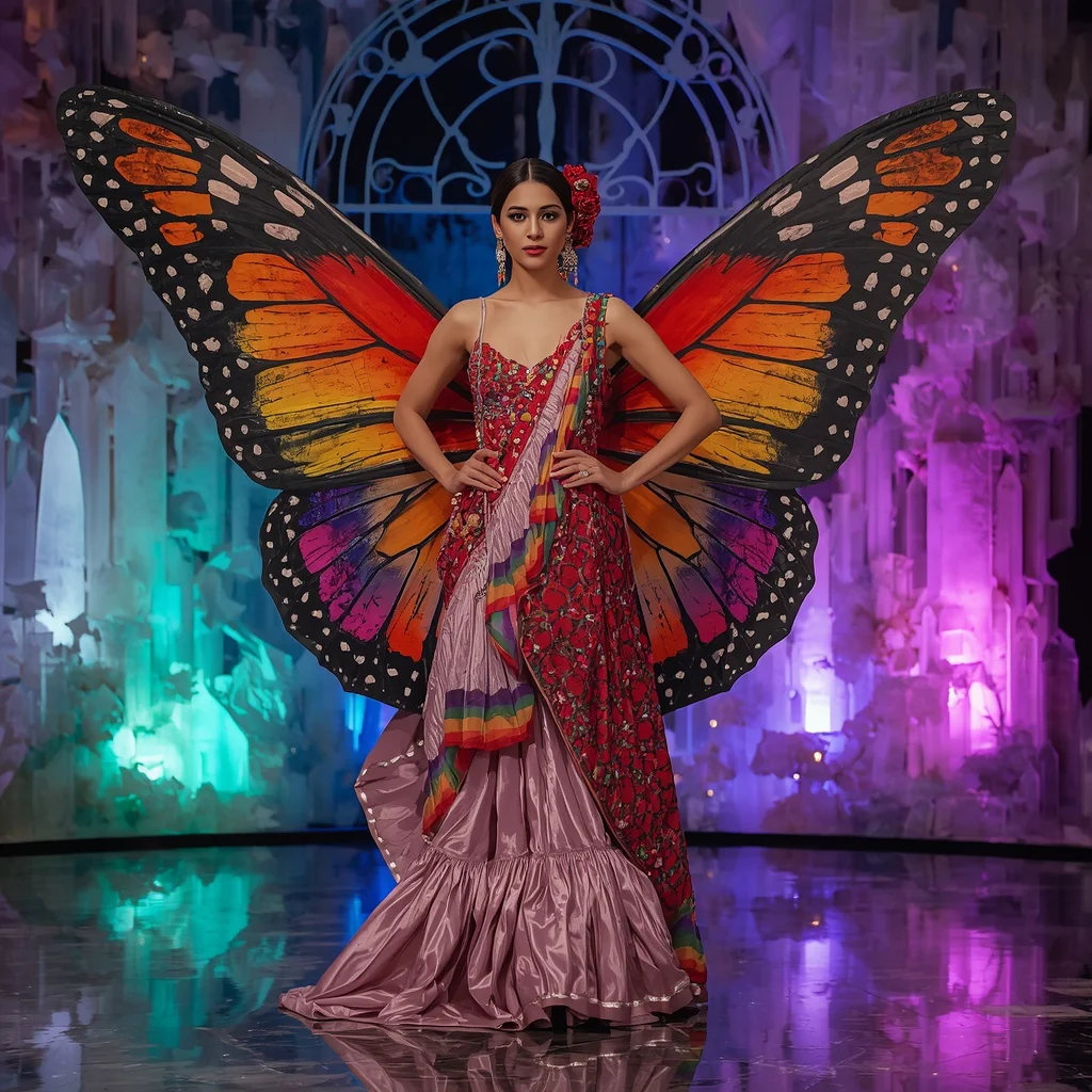 Giant Butterfly Rainbow Saree Fashion Pose with Fantasy Crystal Garden Background | new ai prompt girl instagram — AI image prompt