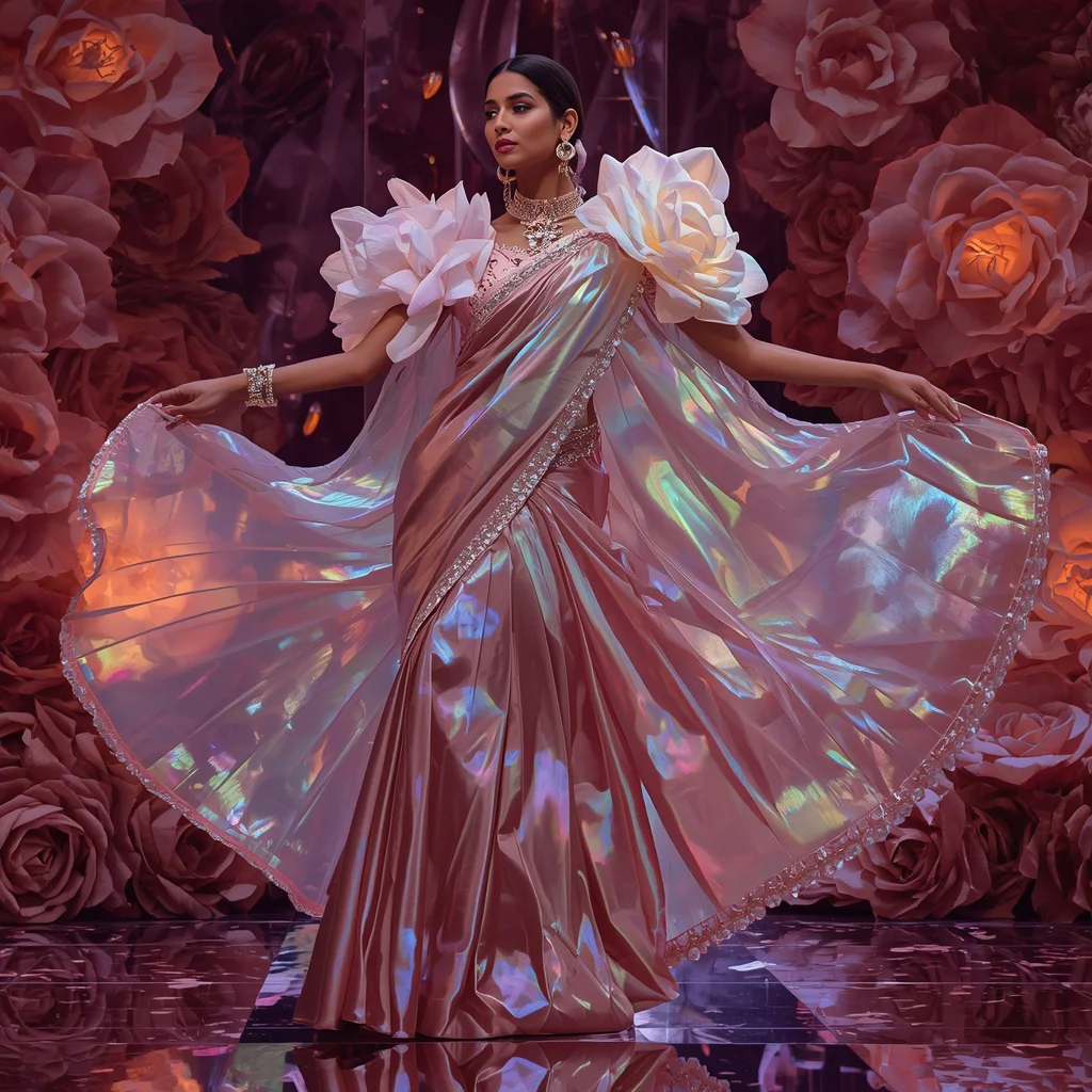 Giant Floral Prism Saree Pose with Luxury Crystal Rose Dome Background | trending purple saree prompt instagram — AI image prompt