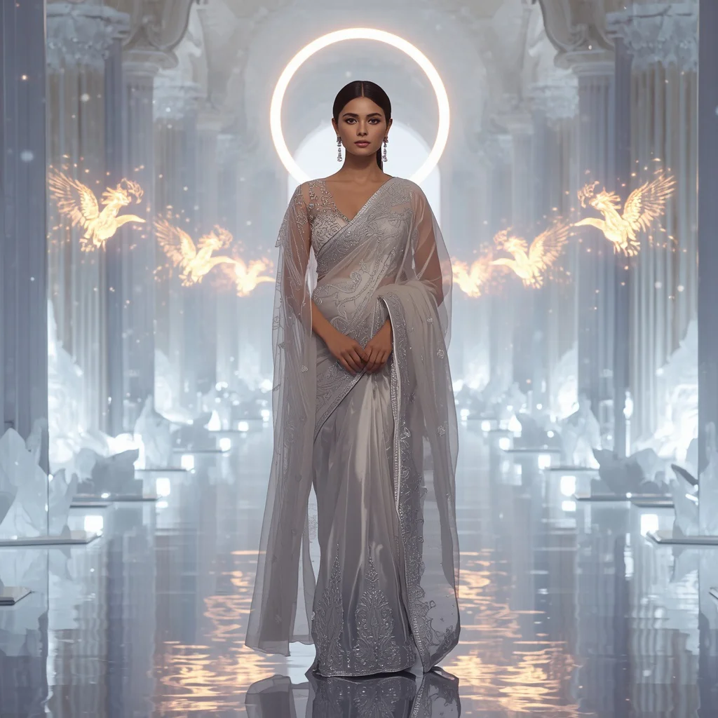 Giant Halo Firebird Saree Look with White Fantasy Temple Background | saree prompt for chatgpt for girl — AI image prompt