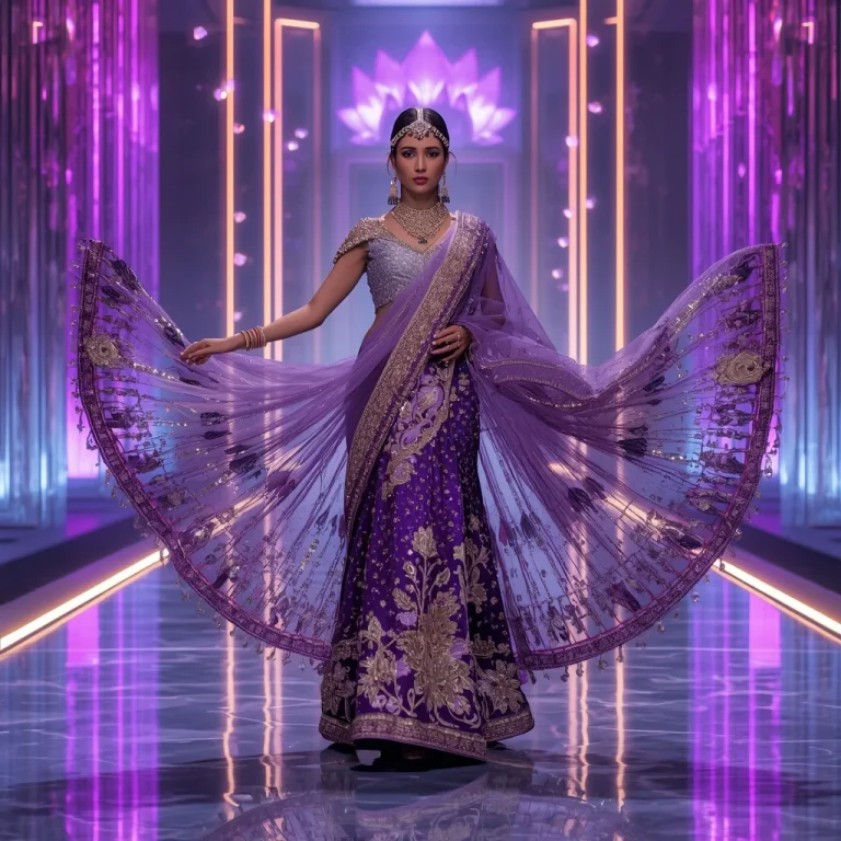 Imperial Amethyst Crystal Fortress Saree with Floating Diamond Lotus Crowns and Infinity Aurora Palace | prompt for gemini ai girl modern saree — AI image prompt