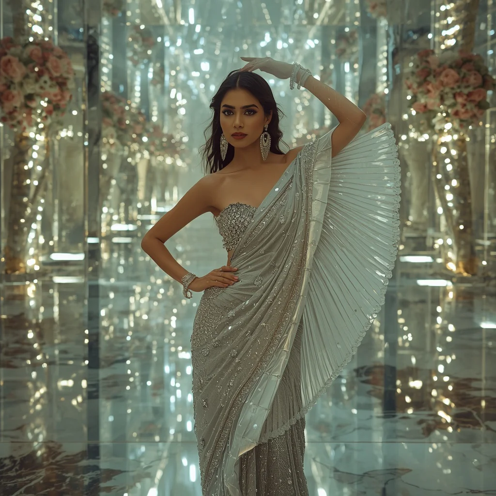 Luxury Crystal Tornado Saree Pose with Mirror Infinity Fortress Background | chatgpt prompt for saree look for girl