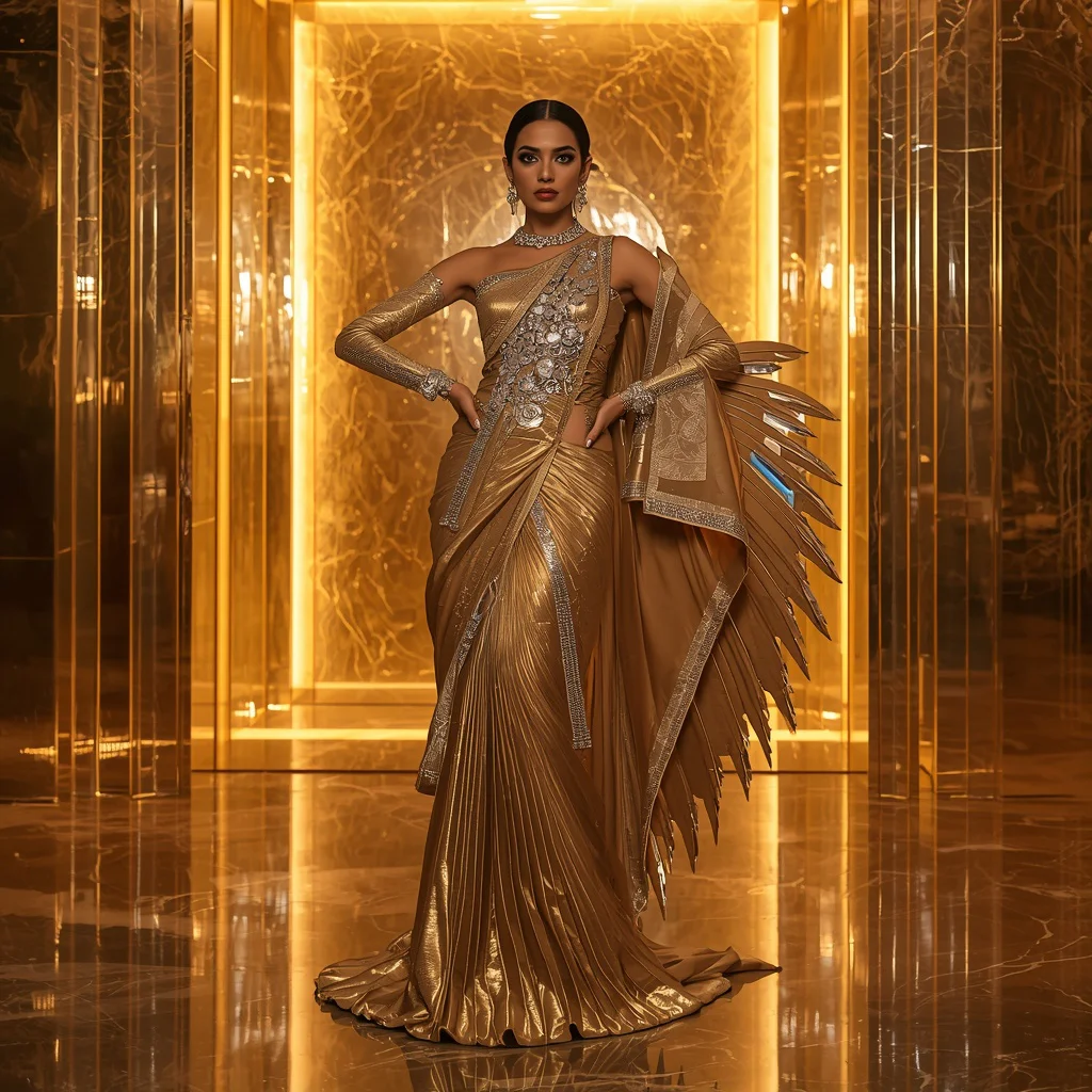 Luxury Metallic Falcon Saree Look with Golden Sky Kingdom Background | new instagram trend prompt for girl saree look copy and paste download — AI image prompt