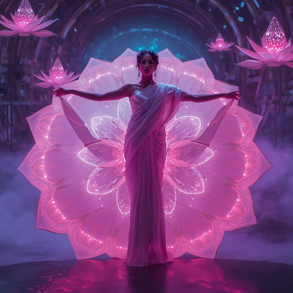 Plasma Lotus Engine Infinity Bloom Saree with Energy Reactor Cosmic Core Universe Dome | new instagram trend prompt for girl — AI image prompt