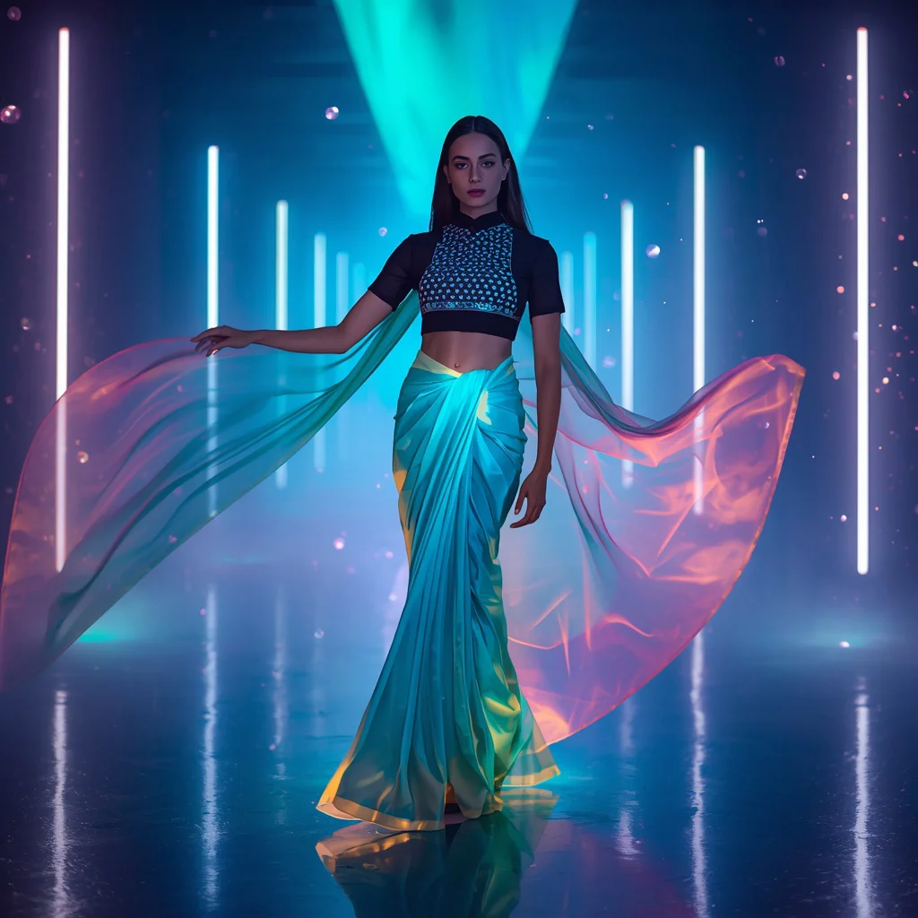 Quantum Aurora Reactive Color Saree with Adaptive Light Transformation Fashion Editorial Concept Look | new ai prompt girl instagram — AI image prompt
