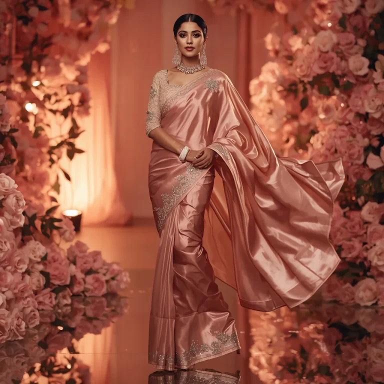 Rose Gold Pearl Saree – Elegant Couture Saree with Twirl Pose and Rose Reflection Garden Background | grok prompt — AI image prompt