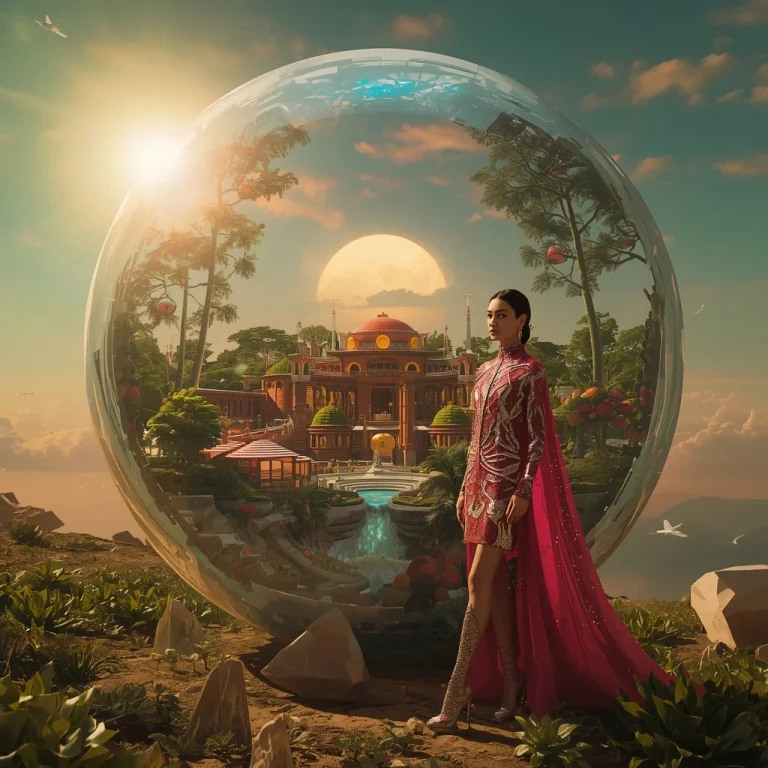 Royal Fashion Explorer Discovering a Hidden City Growing Inside a Giant Crystal Watermelon Planet | Instagram AI Prompt — AI image prompt