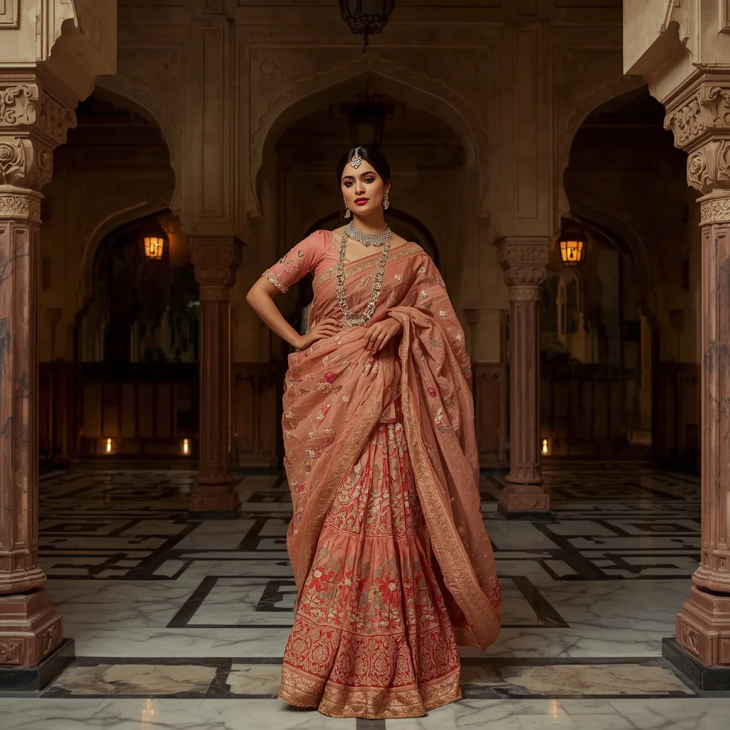 Royal Mughal Floral Saree Pose with Heritage Mirror Courtyard Background | saree prompt for chatgpt for girl — AI image prompt