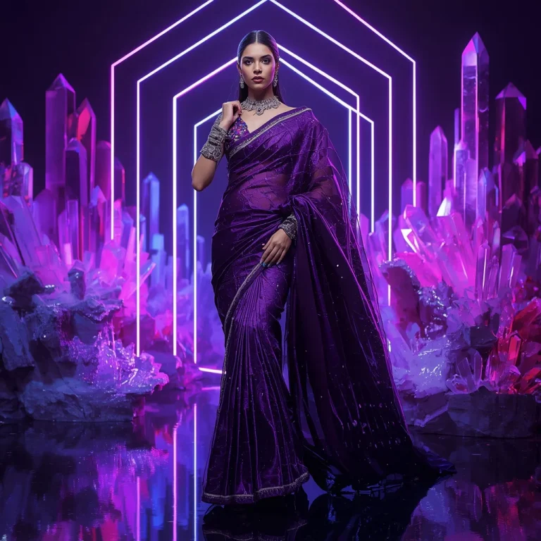 Violet Nova Flame Saree with Neon Infinity Crystal Sanctums | prompt for gemini ai girl in saree copy and paste — AI image prompt