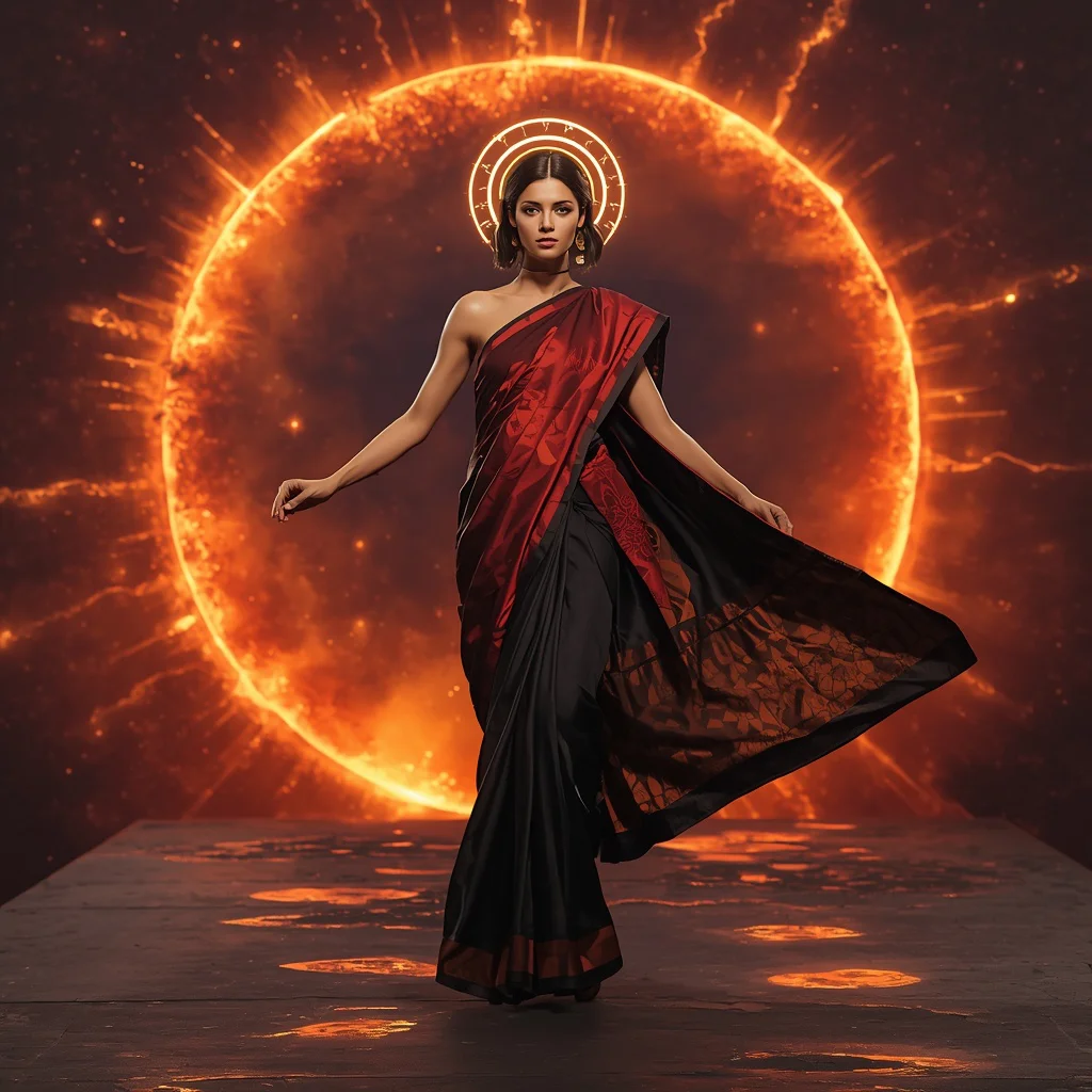 Volcanic Starcore Halo Saree with Orbital Magma Crown System | prompt for gemini ai girl modern saree instagram — AI image prompt