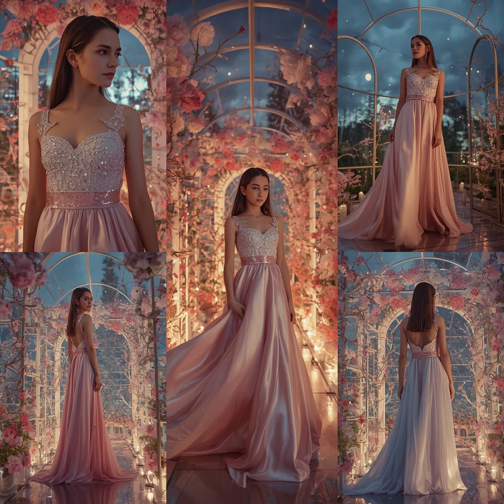 A Cinematic Couture Collage of Elegant Silk Party Gowns — AI image prompt