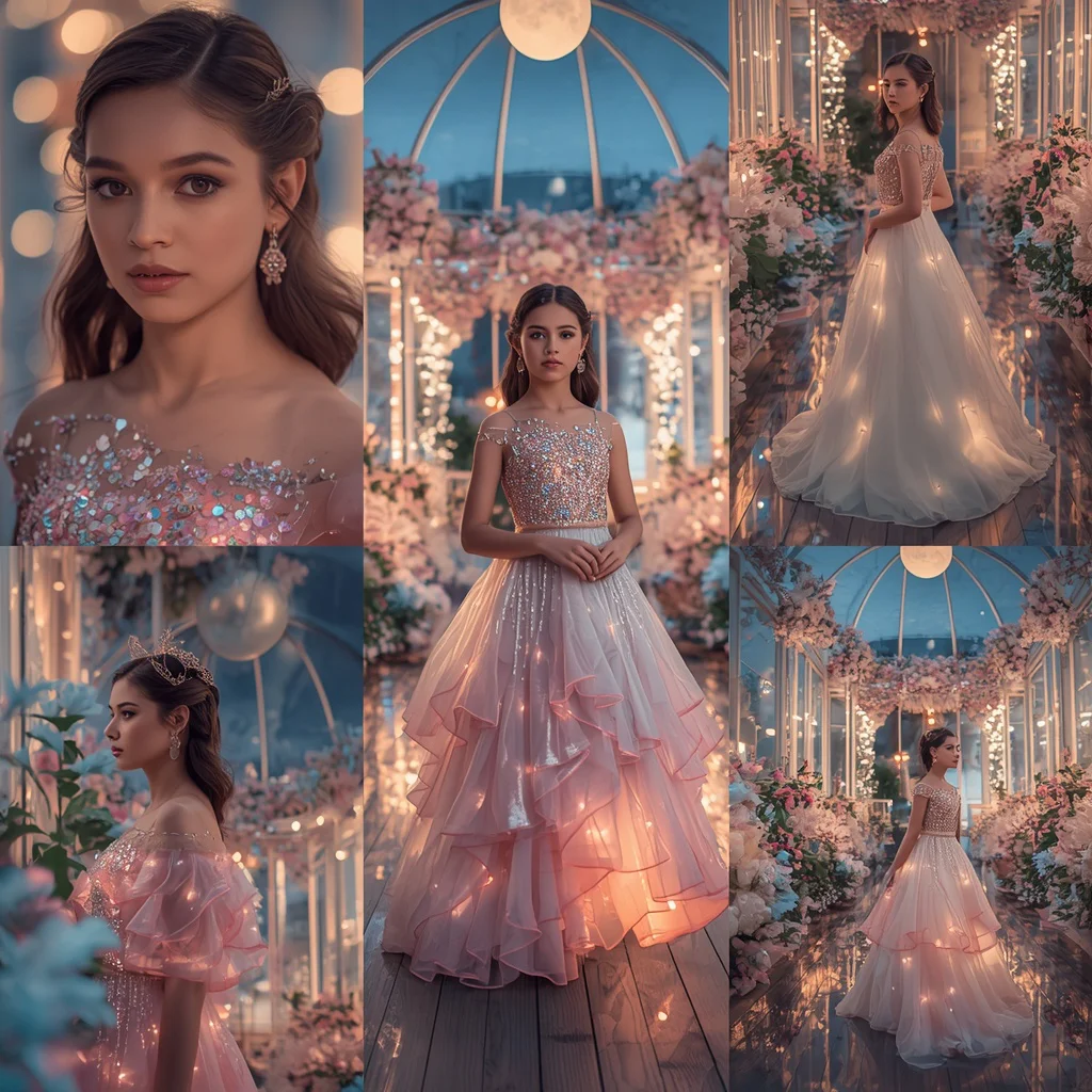 A Cinematic Couture Collage of Moonlit Glass Pavilion Wear — AI image prompt