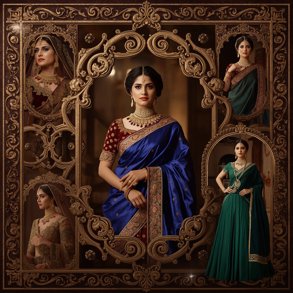 A regal ‘ornate scrollwork’ collage, with intricate patterns framing an Indian woman in historical opulence. — AI image prompt
