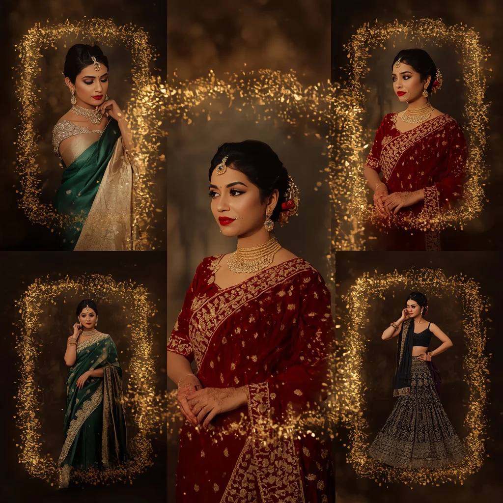 A shimmering ‘gold leaf’ collage, with delicate metallic flakes forming luminous frames for an Indian woman. — AI image prompt
