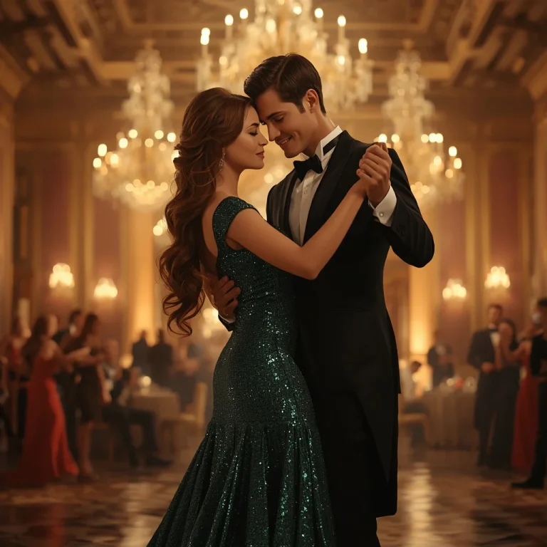 Affectionate Embrace Amidst a Grand Ballroom Glow — AI image prompt