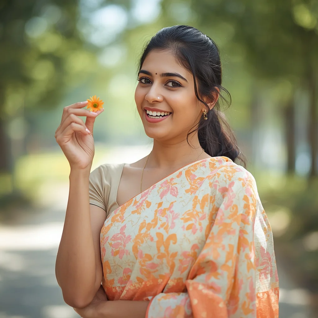 Candid Charm: Indian Woman Smiling Playfully with a Prop in a Pastel Saree — AI image prompt