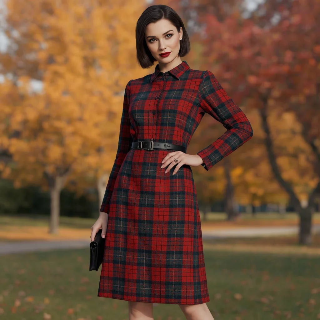 Classic Tartan A-line Dress for a Chic Autumn Event — AI image prompt