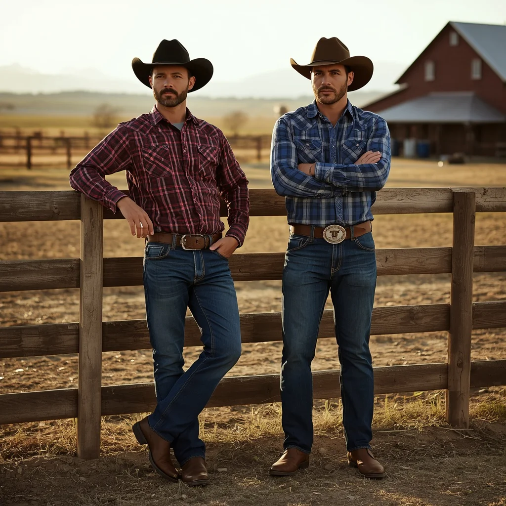 Men in Rugged Western Wear at a Rustic Ranch Setting — AI image prompt