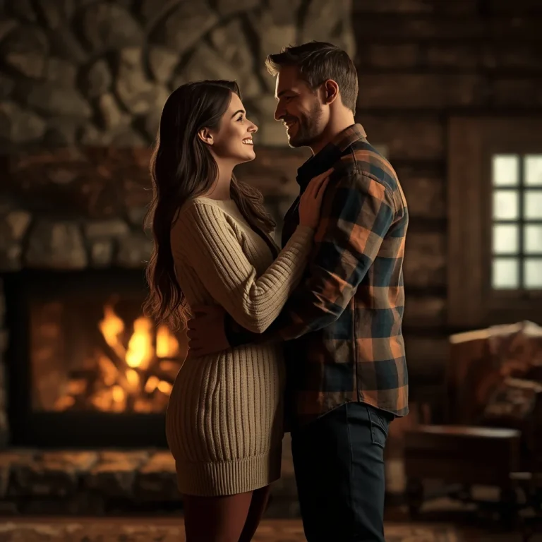 Romantic Couple’s Embrace in a Cozy Cabin — AI image prompt