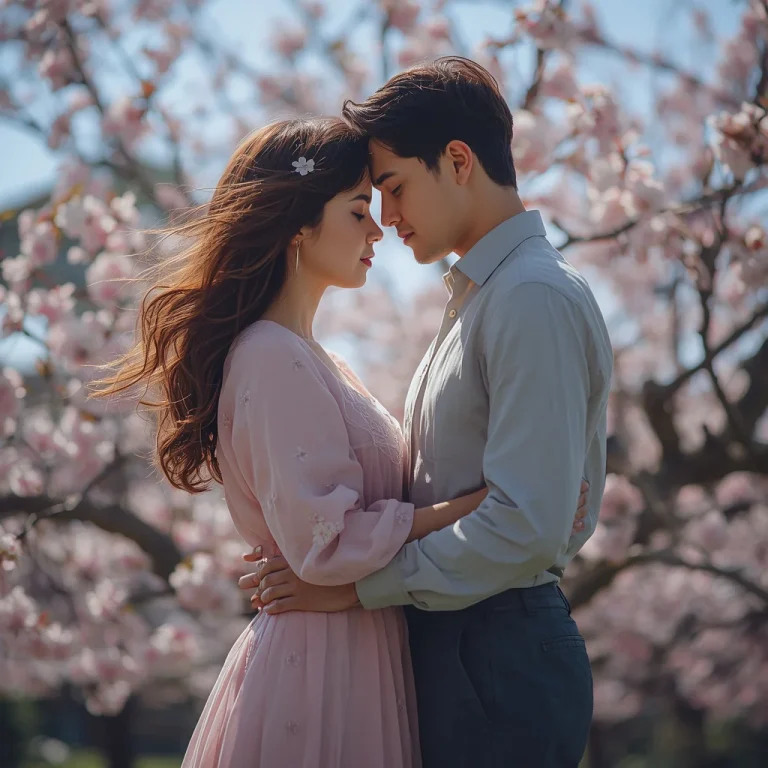 Romantic Couple’s Gentle Embrace by a Blooming Tree — AI image prompt