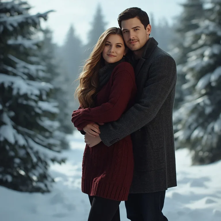 Romantic Couple’s Tender Embrace in a Snowy Forest — AI image prompt