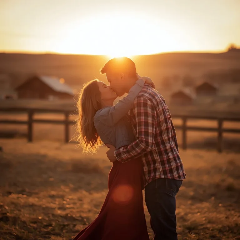 Rustic Sunset Kiss: Romantic Couple in Warm Western Attire — AI image prompt