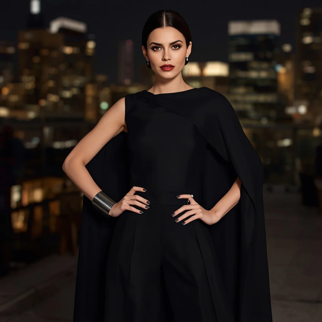 Sophisticated Black Jumpsuit Dress for an Urban Gala — AI image prompt