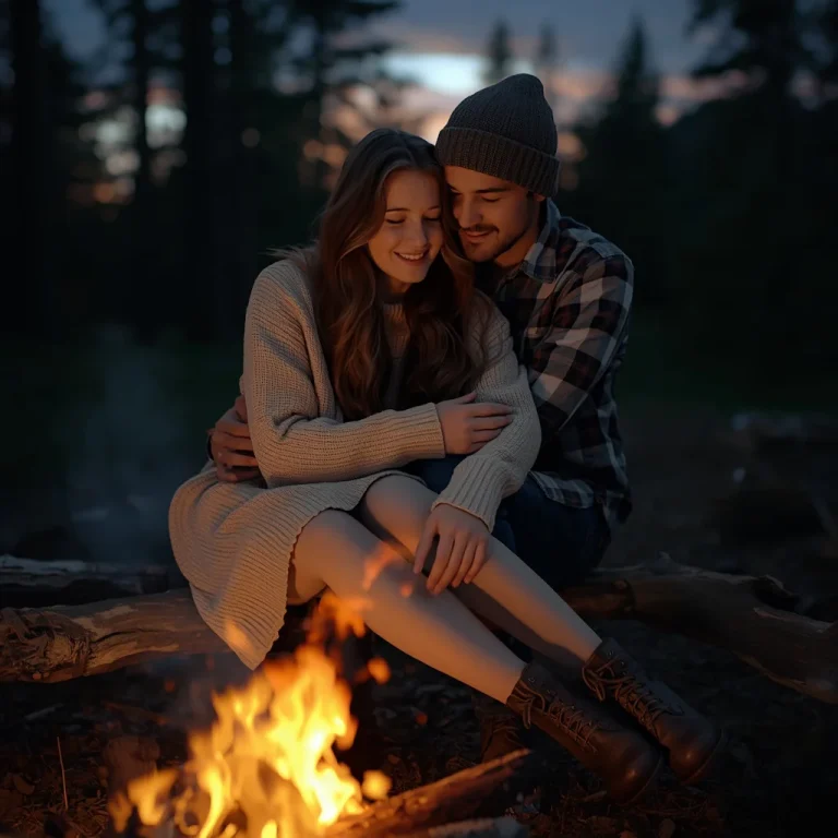 Sweet Romantic Embrace by a Cozy Campfire — AI image prompt