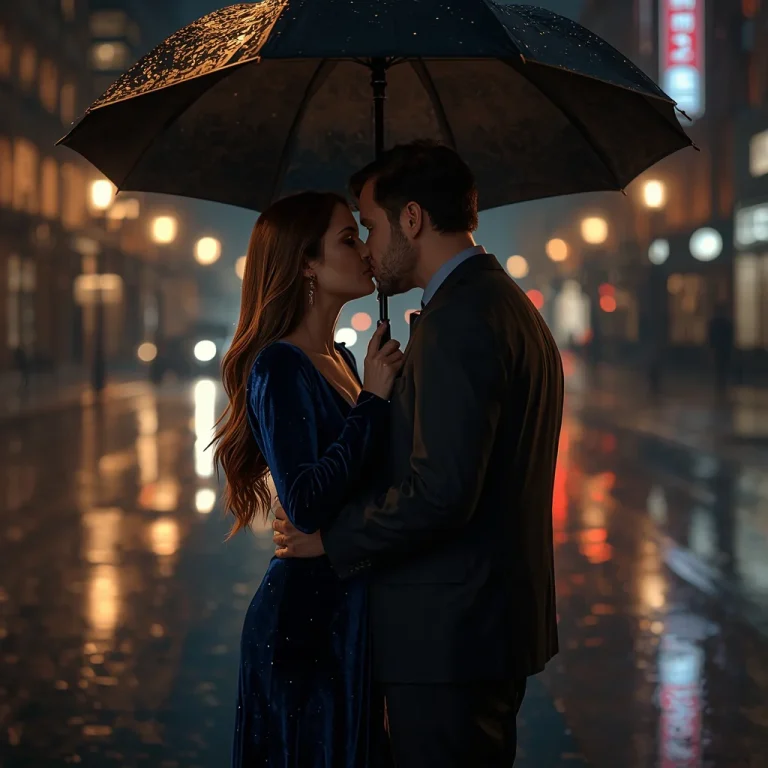 Tender Kiss of a Glamorous Couple in the Rain — AI image prompt
