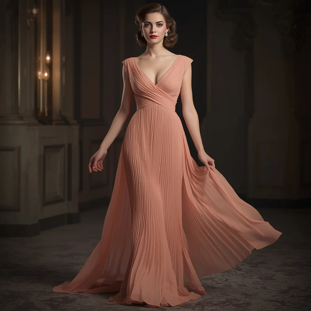 Vintage Inspired Pleated Chiffon Gown in Soft Peach — AI image prompt